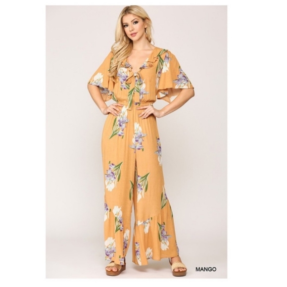 JUMPSUIT -FLORAL PRINT FLUTTER SLEEVE- RUFFLE BACK- KEYHOLE--NEW-MANGO - Picture 5 of 5